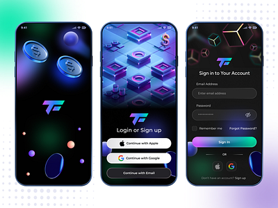 Crypto Wallet App – Login & Signup Screens (Dark Neon UI) appdesign cryptoapp cryptowallet darkmodedesign figmadesign financeapp fintechdesign gradientui loginsignup mobileappui neonui onboarding screens uidesign uxui walletui