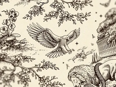 Social Impact Capital - Toile de Jouy illustration bird branding custom design drawing drone eagle flowers graphic design hand drawn illustration line art lion logo packaging pattern snake toile de jouy tree vector art