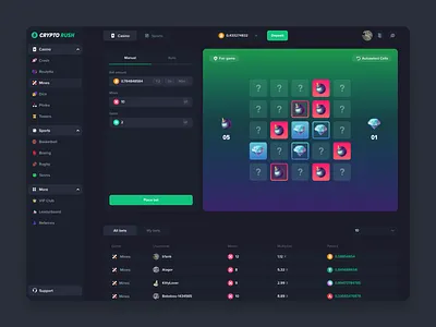 Crypto Rush - Mines Game casino crash crypto crypto casino design dice eth gambling game interface illustration mines nft casino nft game open case p2e rush ui ux web design web3
