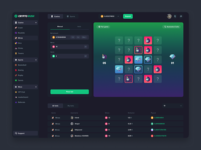 Crypto Rush - Mines Game casino crash crypto crypto casino design dice eth gambling game interface illustration mines nft casino nft game open case p2e rush ui ux web design web3