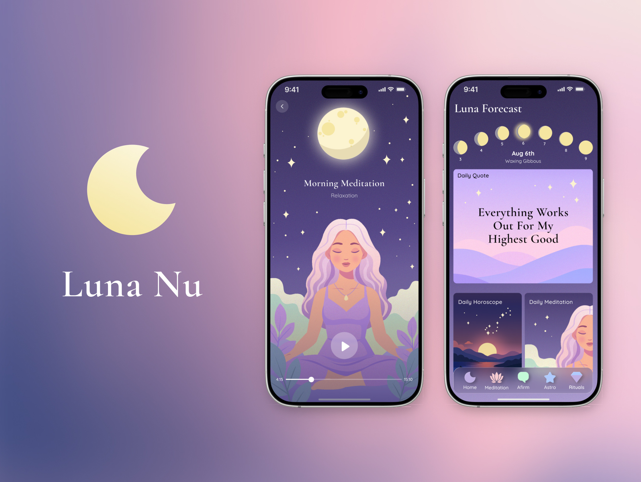 Moon Phases App Design - Luna Nu app design illustration logo product design typography ui ux