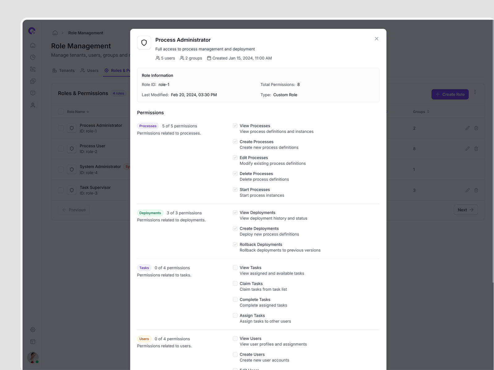 User Management Overview camunda dashboard keycloak permissions roles tenant tenants user user management users