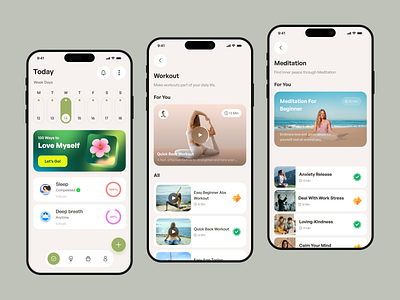 Wellness & Mindfulness Mobile App UI daily routine daily workout app exercise tracking app fitness app habit tracker health app health assessment health fitness design masud rana palash meditation mentalhealthapp mentalwellness mindfulness mobile app modern fitness app pilates workout app workout app workout mobile app workout tracker app yoga app ui