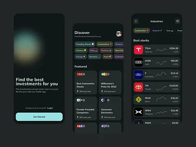 Zoomers Investment Mobile App app app design concept dark app dark design dark theme finance fintech invest investment mobile mobile app mobile design money mvp stocks ui ui design ux