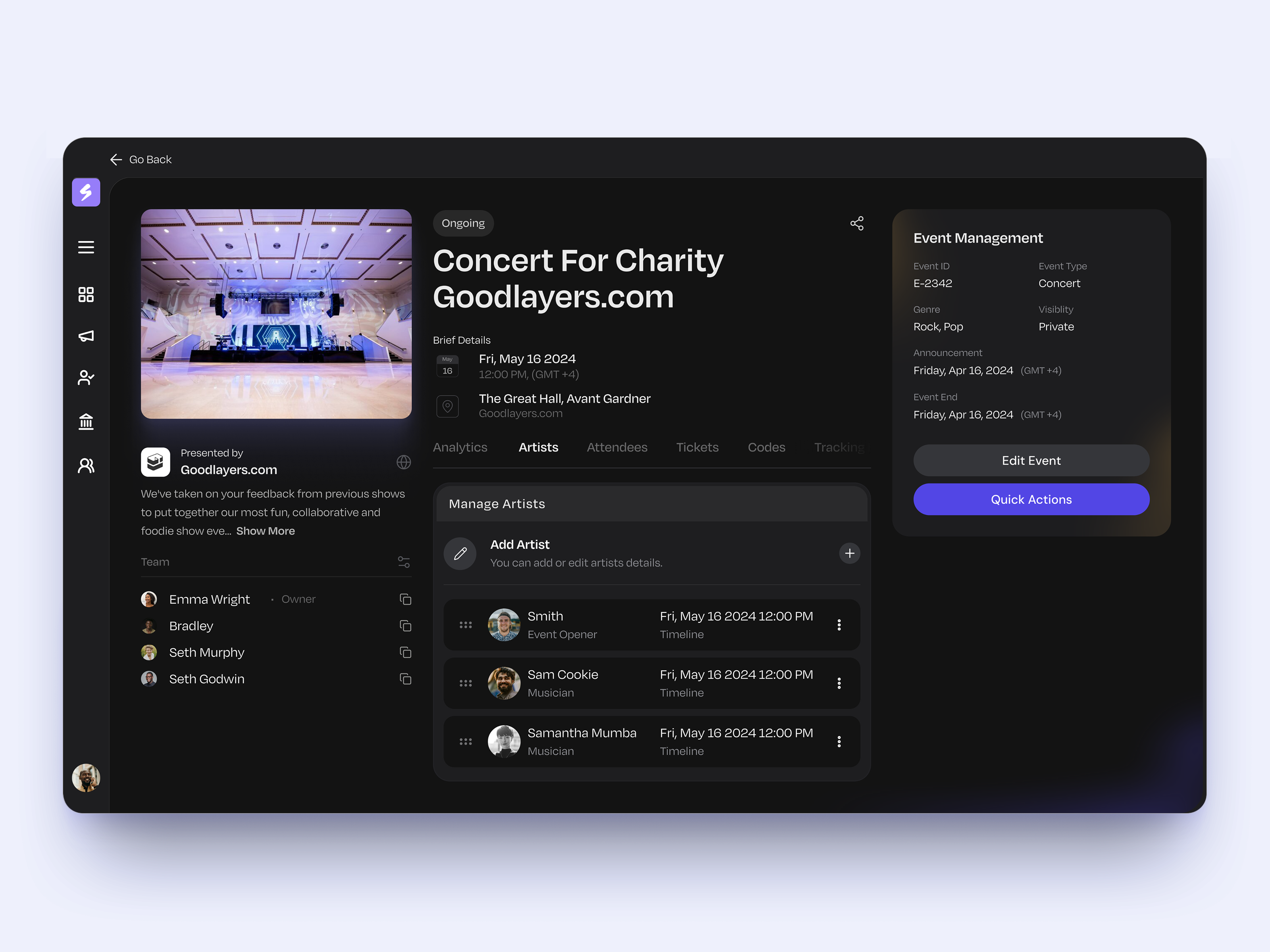 Concert Charity Planner - Strike Events branding charity clean dark mode design detail page edit event events graphic design minimal saas tabs typography ui ui design web app website