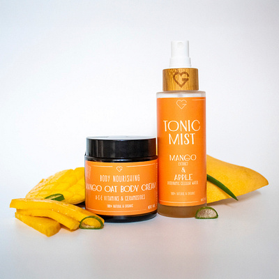 Labels of natural mango tonic and body cream including photos 🥭 adobe adobeprogrammes branding design photo vector vectors work