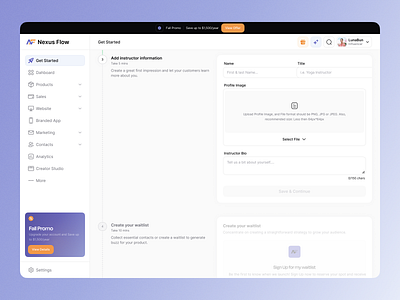 Nexus Flow: Add Instructor Information Flow Dashboard cleanui creator platform dashboardui designprocess dribbbleshots instructorprofile minimaldesign nexusflow productdesign saasui stepbystepux uploadflow useronboarding uxui