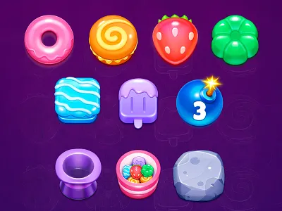 Photoshop Relics artwork badge berry bomb bowl cartoon colorful cookie donut game gaming gummy hat icon icons illustration marshmallow photoshop popsicle ui