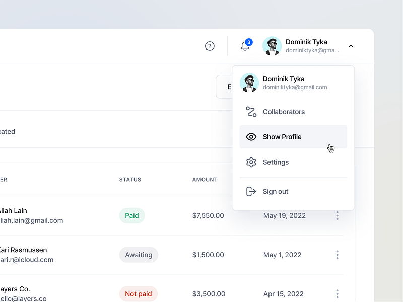 Profile Dropdown - Accounting Web App accounting design details dropdown finance gray grayscale hover logout modal modern pixelperfect popup profile settings ui ui design ux ux design vibrant