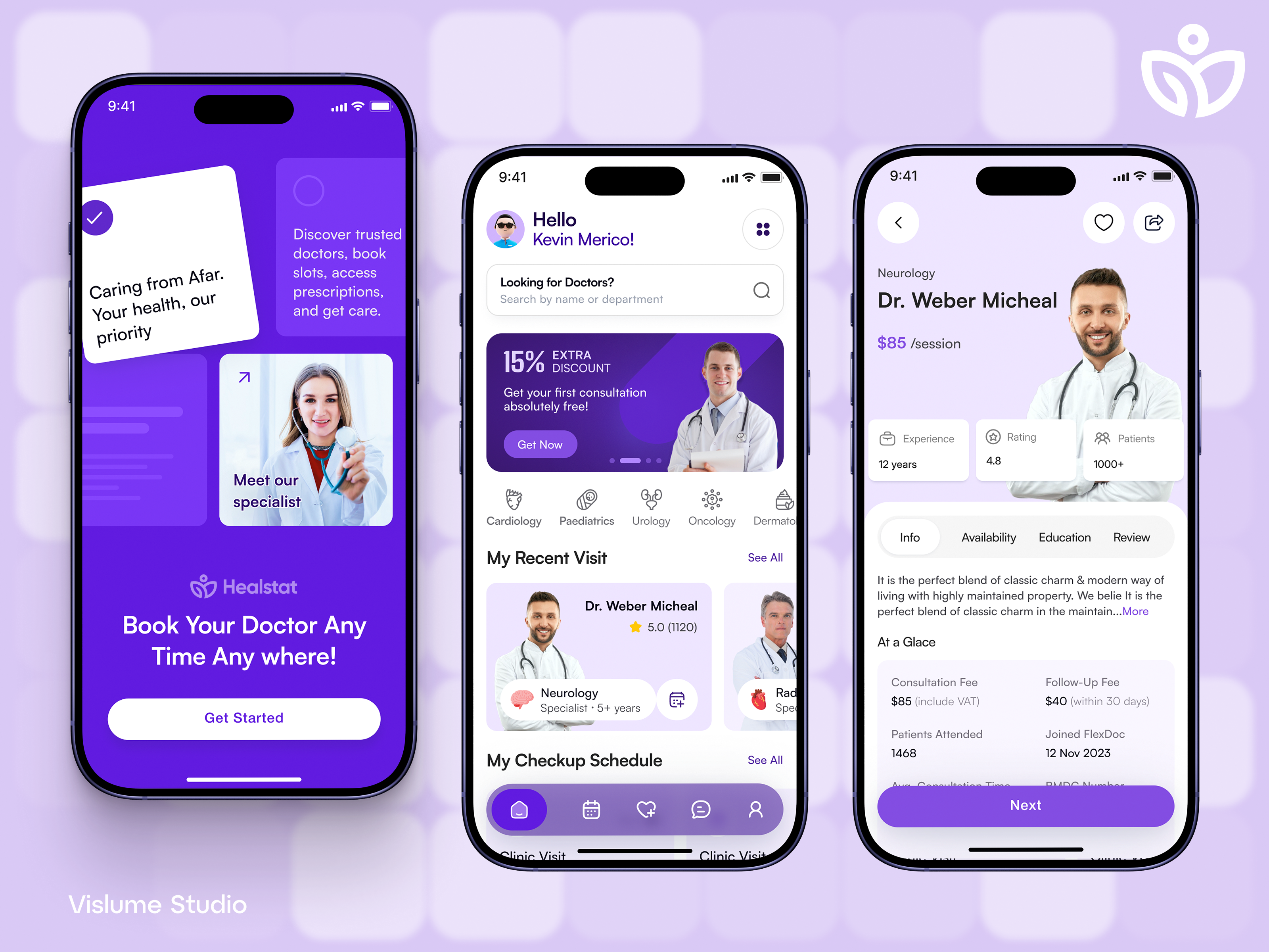 Telemedicine App Design – Doctor Booking, Profiles & Scheduling appointment scheduling ux clinic visit flow doctor app doctor booking app doctor profile screen e prescription ready health app healthcare dashboard healthcare mobile app hipaa aware ui medical app medical onboarding patient portal design pricing and fees ui product design purple gradient ui specialty filters telemedicine app ui ui design virtual care app