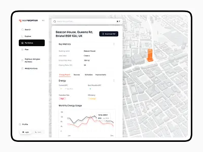 MapMortar - Individual Property Analytics building intelligence building metrics building performance carbon data data visualization energy dashboard energy monitoring energy reports epc ratings individual building mapmortar platform design property analytics property interface property management proptech ui real estate analytics saas interface sustainability analytics ui design
