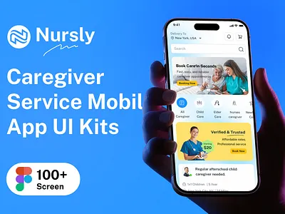 Nursly – Caregiver Services Mobile App Figma UI Kits app care job caregiver caregiver app clild care app doctor app elderly care app figma freelanccer job create app job finder kid care app mobile app mvp nursing app old care app pet care app private care app senior care app ui template