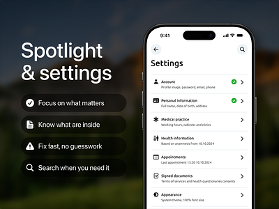 Spotlight & settings anamnesis health healthcare medical mobile product settings spotlight