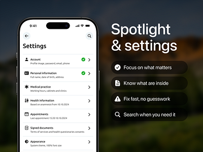 Spotlight & settings anamnesis health healthcare medical mobile product settings spotlight