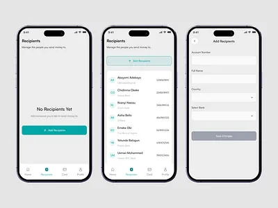 Recipients page add recipients fintech app ui design ux design