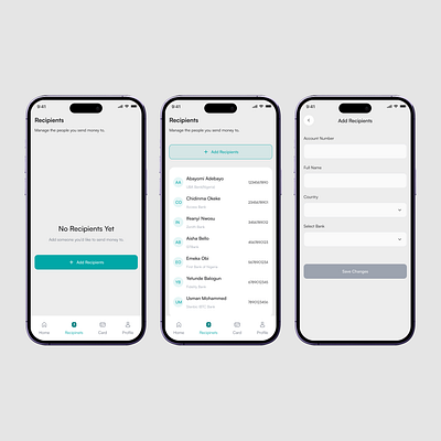 Recipients page add recipients fintech app ui design ux design