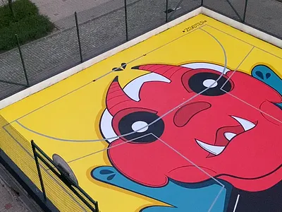 Diabos de Barcelos basketball character illustration color graffiti mural painting street art