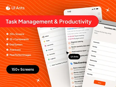 Task Management & Productivity App UI Kit app daily planner goals setting graphic design mobile productivity app productivity tools project management scheduling app screen task management task planner task schedule task tracker team management time management to do list uiux work flowapp work management