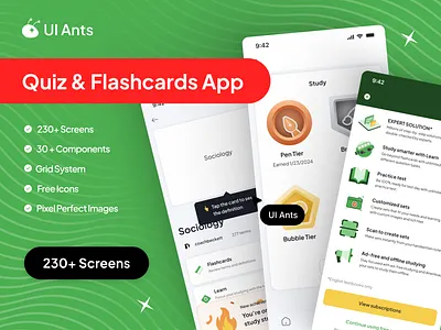Quiz & Flashcards App UI Kit app desigbn edtech education app exam prep flashcard knowledge app learning app learning dashboard memory cards mobile questioning app quiz app revision app screen study app study helper study tools test preparation uiux