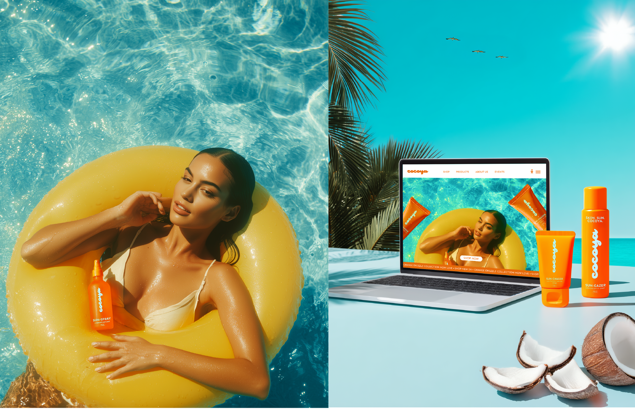 Cocoya Body and Skincare for Sun & Tan | Branding & Packaging beauty branding beauty logo beauty packaging brand designer brand identity branding design graphic design label design landing page logo design packaging design retro logo skincare packaging ui website design