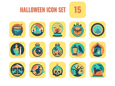 Collection of 15 spooky Halloween icons in yellow squares haunted
