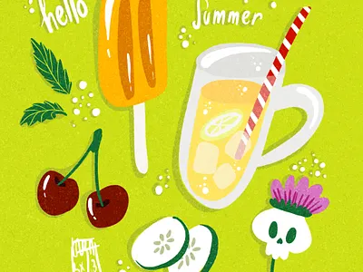 Hello Summer cherries cucumber flower food graphic design handlettering ice pop illustration lemonade lettering skull summer
