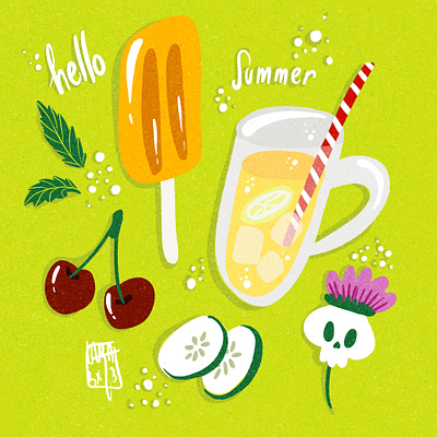 Hello Summer cherries cucumber flower food graphic design handlettering ice pop illustration lemonade lettering skull summer