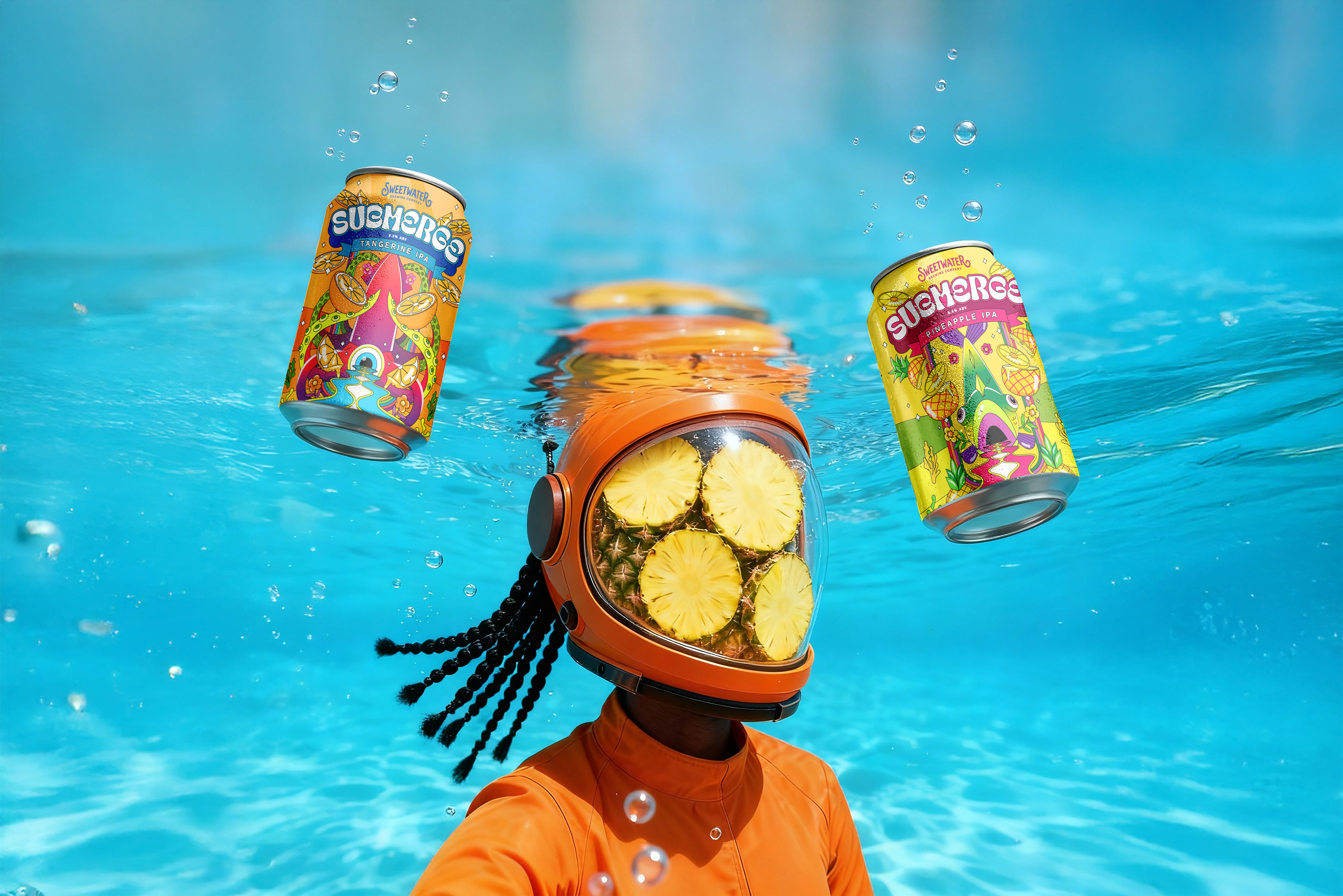 Submerge — Underwater IPA ai marketing beer campaign beer design beer label beer marketing beer mockup beverage design brewery ipa orange and yellow scuba sea creatures seedream surreal branding surreal design trippy illustration underwater branding underwater mockup