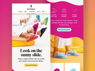 Hush Puppies Sunshine Slides Email Design bold bright colorful design ecommerce email iconography marketing retail shoe web