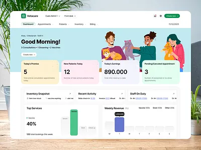Vetacare - Vet Clinic Dashboard booking cat clinic dashboard design friendly hidaytama illustration minimalist slabdsgn ui vet