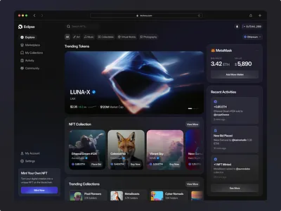Web3 Dashboard analytics assets bidding blockchain collection cryptocurrency dark mode dashboard digital eth illustration market modern nft trade trading uidesigb uxdesign web3 website