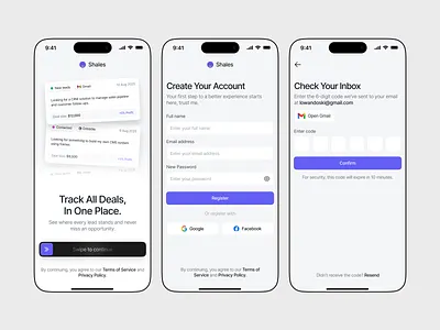 Shales - CRM Mobile App (Onboarding) chat crm customers inbox login management message mobile mobile app mobile design onboard onboarding register sales sign up ui ux