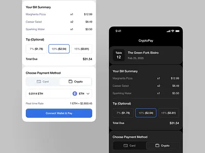 Payment Summary Page - CryptoPay checkout connect wallet crypto crypto wallet dark dark ui eth finance light light ui mobile pay payment paywall ui uidesign uiux wallet