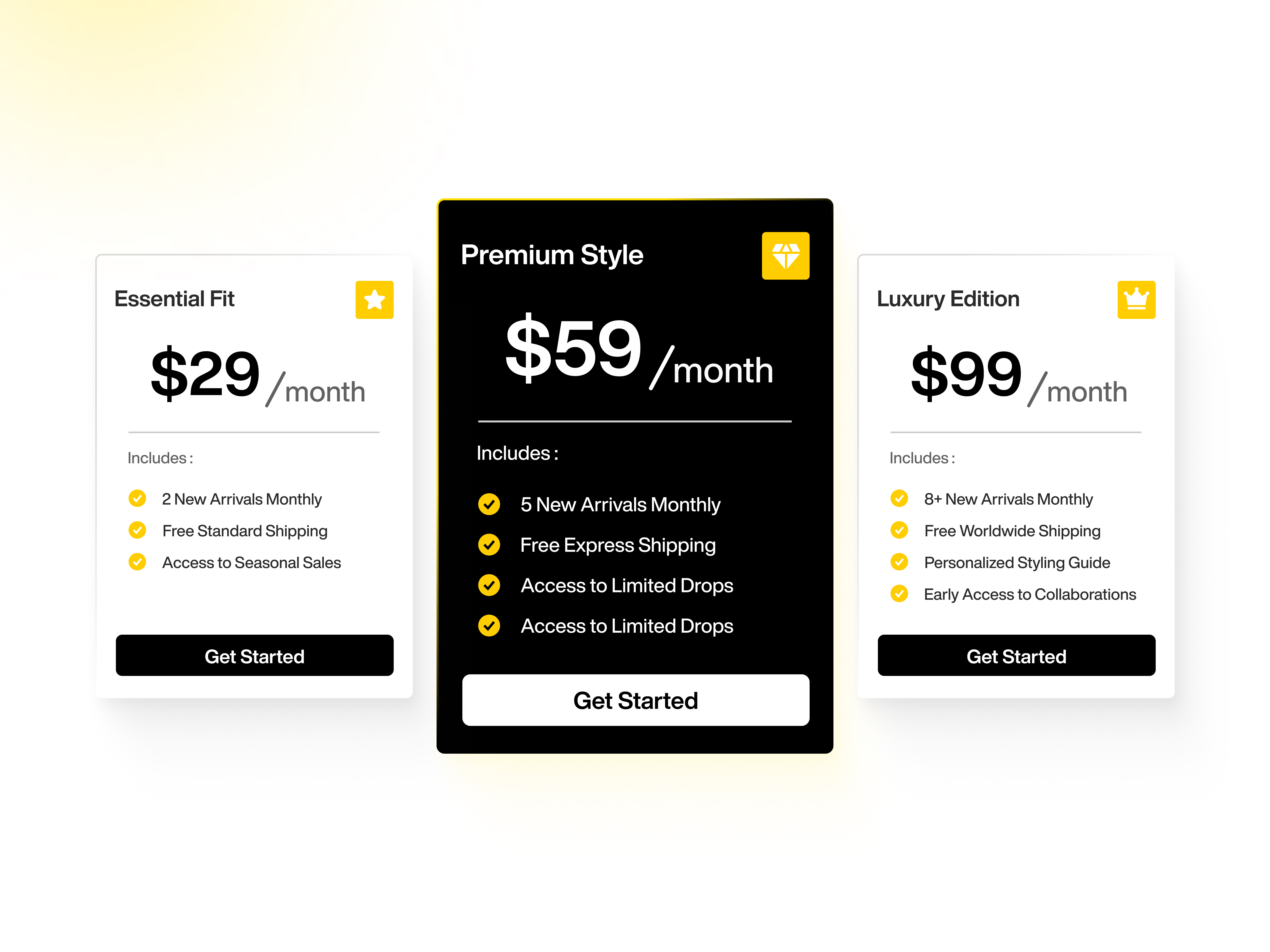 Modern Pricing Page UI – Fashion Subscription black black and yellow design clean ui fashionwebsite modern ui pricing black and yellow pricing design pricing page design pricing table subscription ui design ux design web design web ui yellow