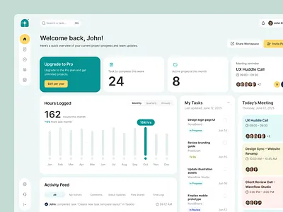 Project Management Dashboard activity analytics calendar chart collaborations dashboard meeting productivity project projectmanagement responsive saas task taskmanagement team timetracking ui ux webapp workspace