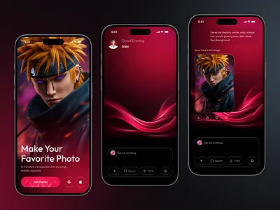 AI Image Generator Mobile App ai image ai image generator app app design art ai art generator creation dark mode design editor generation gradient image generator mobile app service text to image