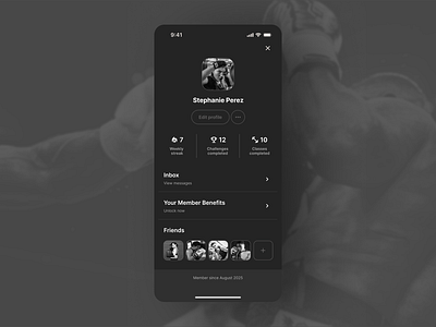 Boxing Studio User Profile appdesign boxingapp boxingstudio dailyui dailyuichallenge darkui figma fitnessapp minimalui mobiledesign sportsapp ui uidesign userprofile ux uxdesign