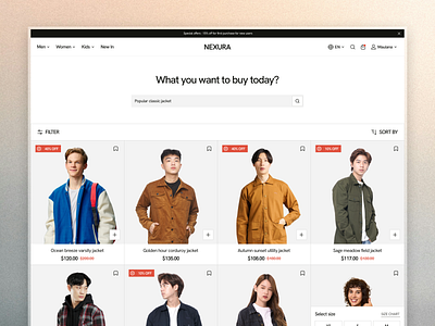 E-commerce Product Listing Page clean ui design discount badge design e commerce website fashion discounts fashion store hero section design minimal design modern website layout online shopping product listing page search bar ui shop by category shopping filters special offers ui