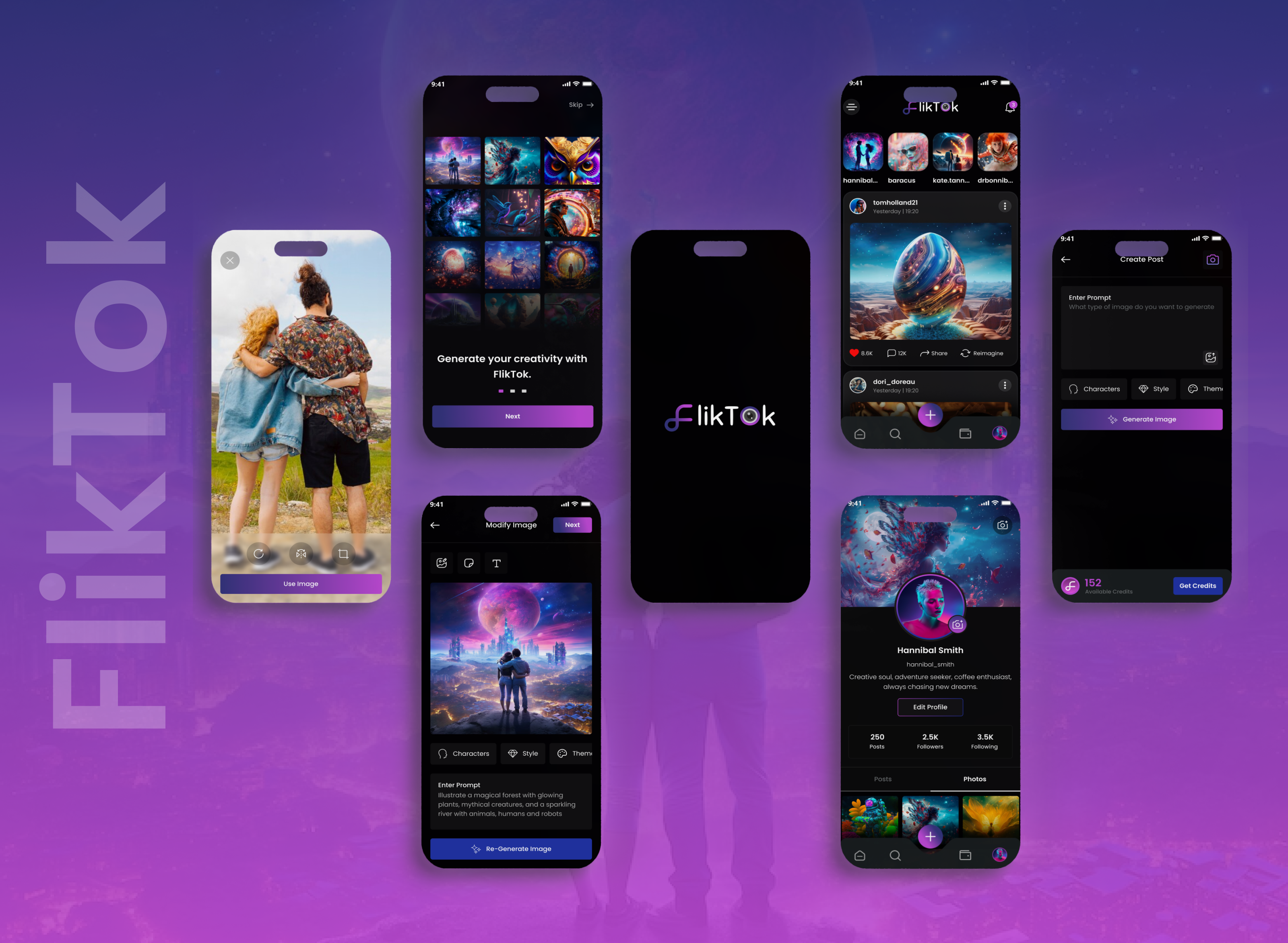 FlikTok – AI Art & Social Sharing Platform ai image generation dark theme minimal design mobile app product design social media ui