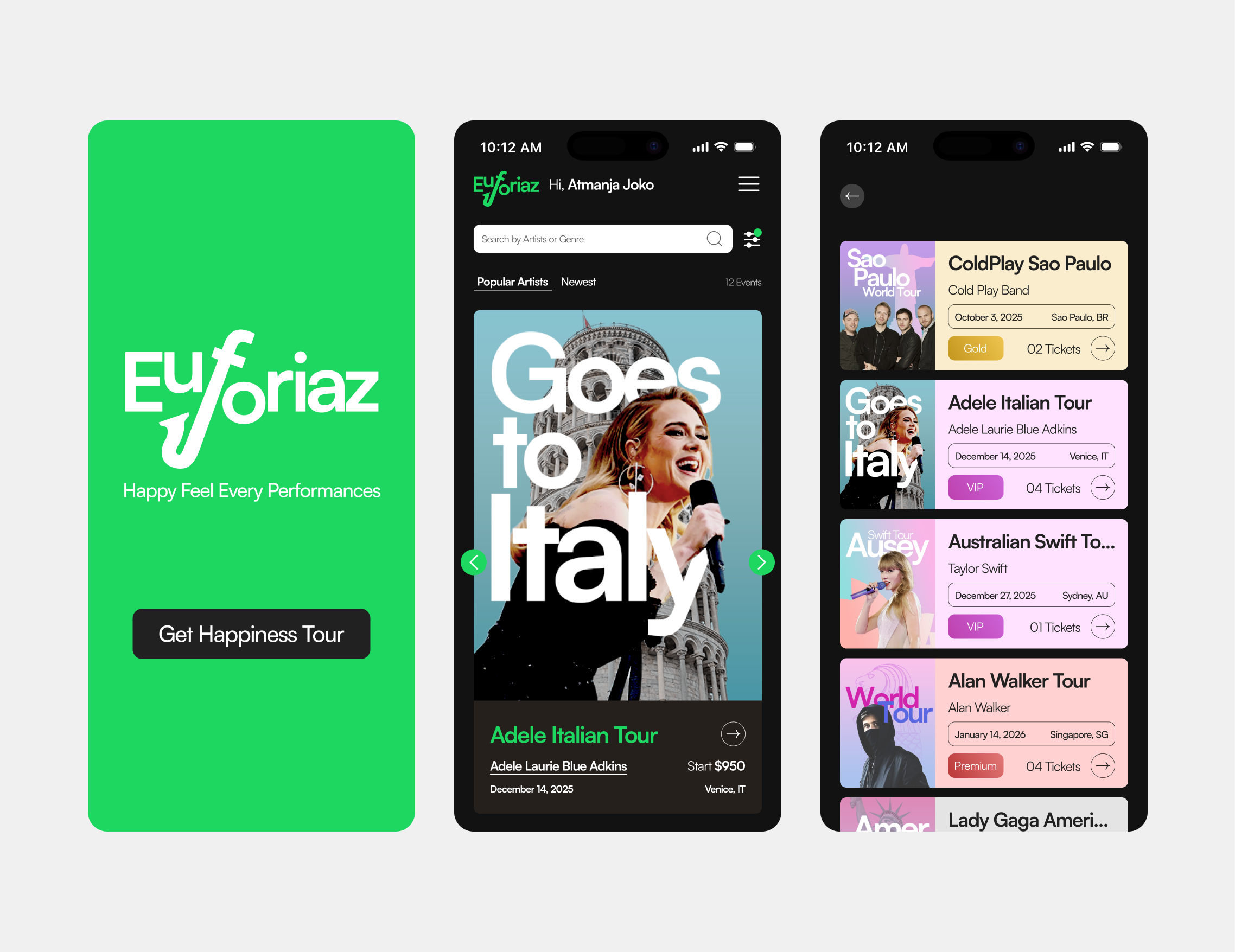 Euforiaz - Ultimate Experience app artist atraction band booking concert diva entertainment euforia exhibition mobile music product singer ticket tourism travel ui uiux ux