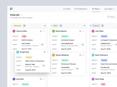 Kanban View - Crew List Dashboard card clean contacts crew dashboard figma film kanban kanban view minimal movies overview productivity studio team team activity team management ui user interface ux