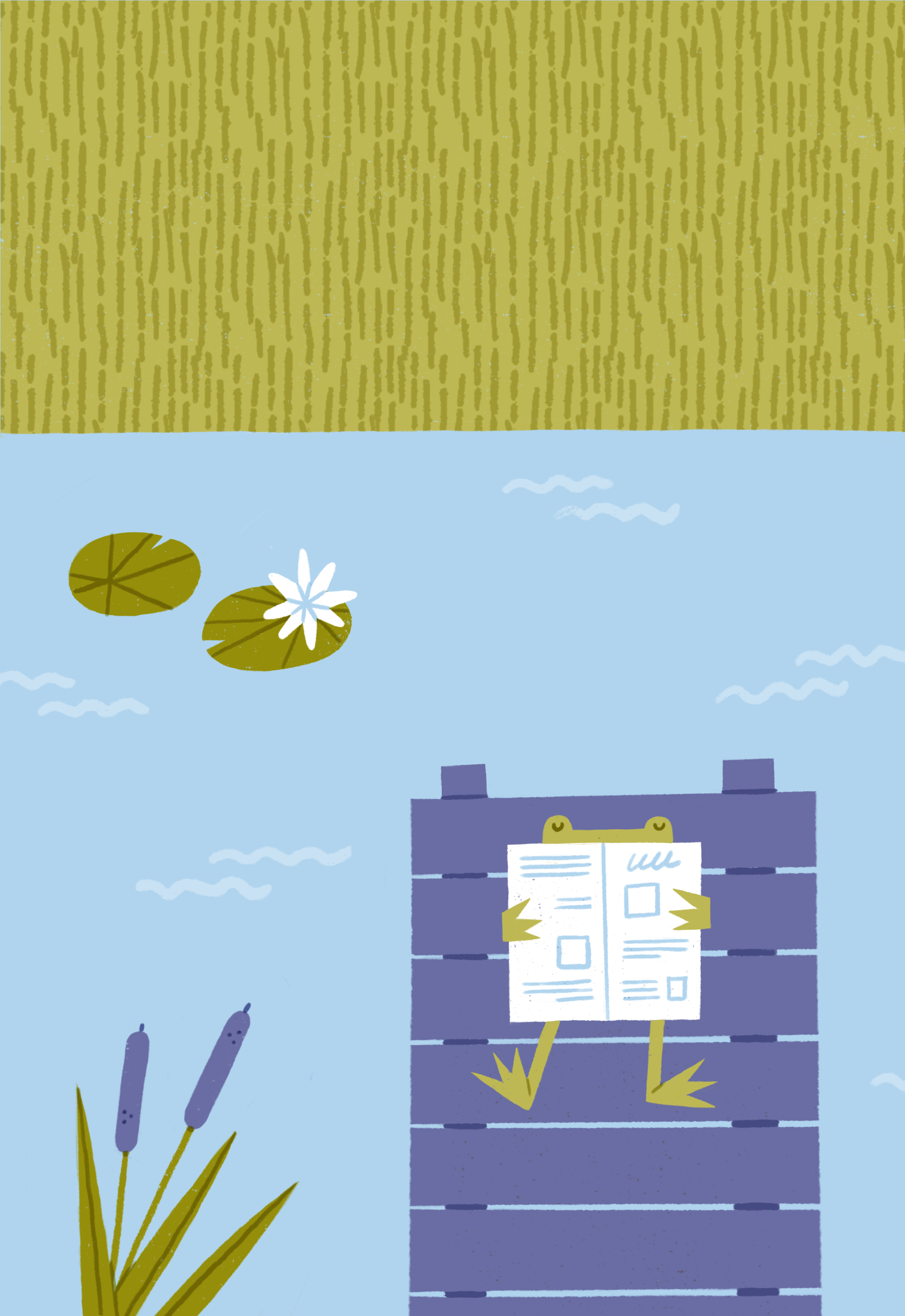 Summer Essentials character chilling frog illustration newspaper pier procreate reading reed relax river summer texture water water lily