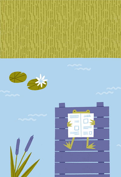 Summer Essentials character chilling frog illustration newspaper pier procreate reading reed relax river summer texture water water lily