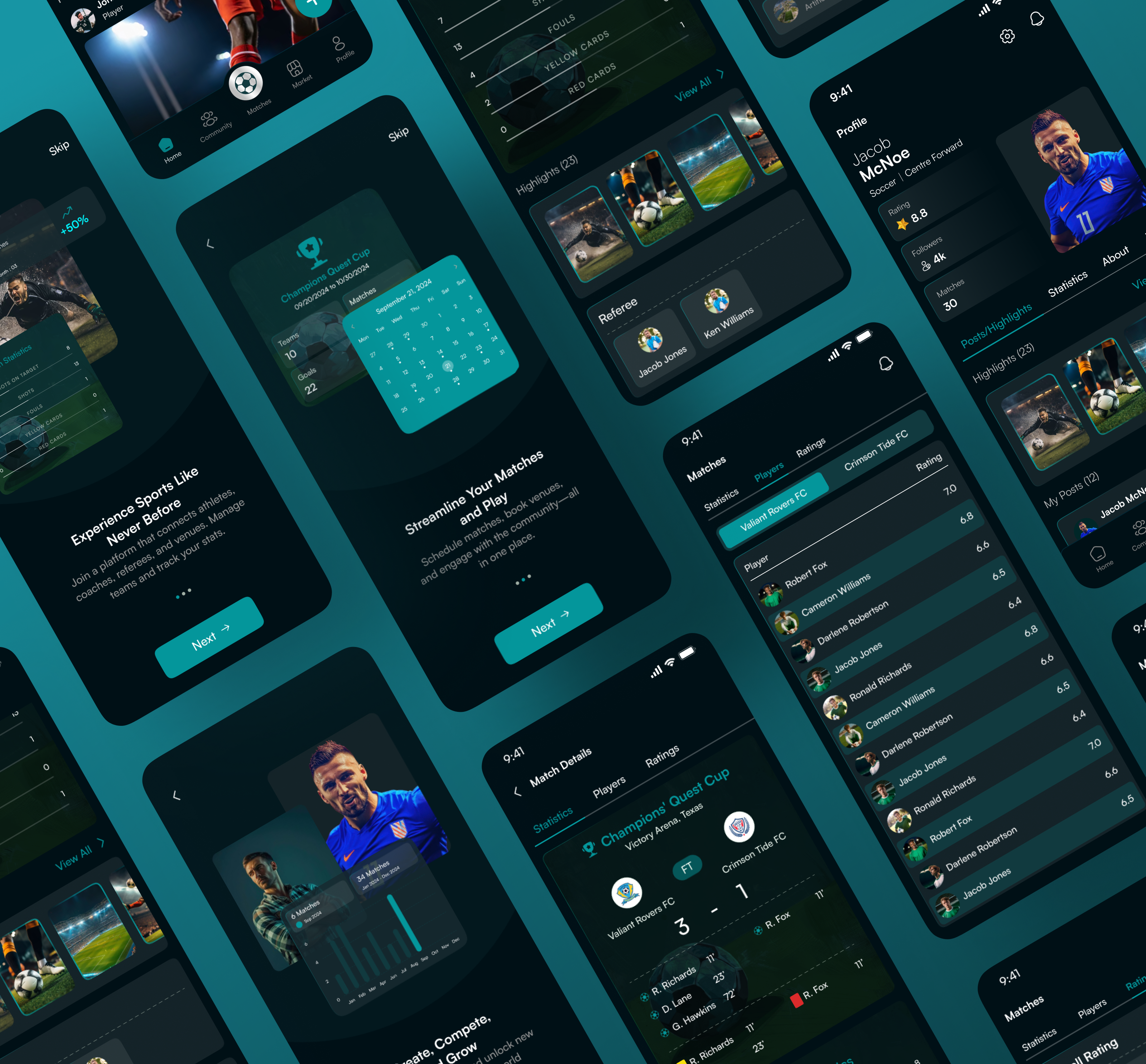PlayHub - Sports Management & Athlete Engagement App athelete community dark theme football mobile app performance soccer sports tracking ui design venue