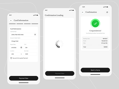 Payment & Booking Confirmation Flow UI app design bank account booking app clean app money transfer order summary ordering payment payment flow payment method succes payment transactions ui ux