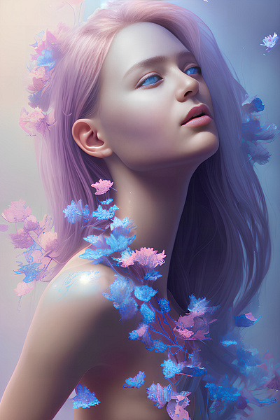 Gorgeous Girl With Pink Hair And Blue Petals | AI ai art artwork beautiful blue breathtaking digital girl gorgeous hair illustration leaves petals pink portrait stunning wallpaper woman
