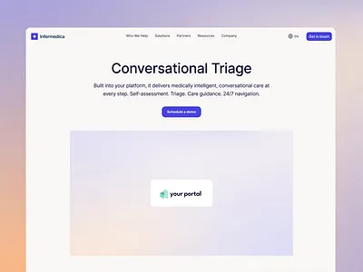 Landing page for Infermedica Conversational Triage ai animation chatbot clean conversational triage gradient healthcare hero homepage landing page llm minimal purple ui ux violet web design website website design