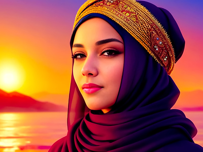 Beautiful Arabic Girl With Hijab At Sunset | AI ai art beautiful breathtaking female girl gorgeous hijab hijabigirl illustration landscape portrait stunning sunset wallpaper woman