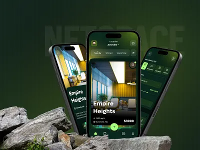 Netspace - Smart Renting App UI/UX app interface design dribble best shot find space green mobile app design modern app design netspace app real estate app renting app design space rent app space rental space renting app trending app trending app design uiux