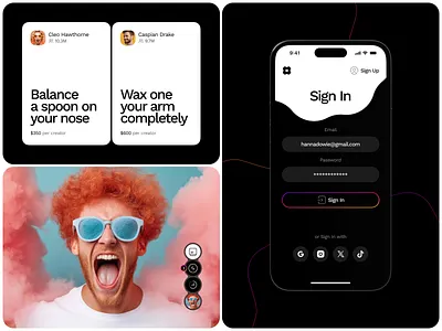 Social Challenge App Design android app design challenge app design dark ui design design inspiration entertainment interface ios ios deaign mobile app nixtio product design sign in sign up social app social media app trendy ui ui design